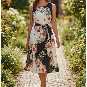 VTG NorthStyle Women14 Floral Print Sleeveless Maxi Dress Belted Midi